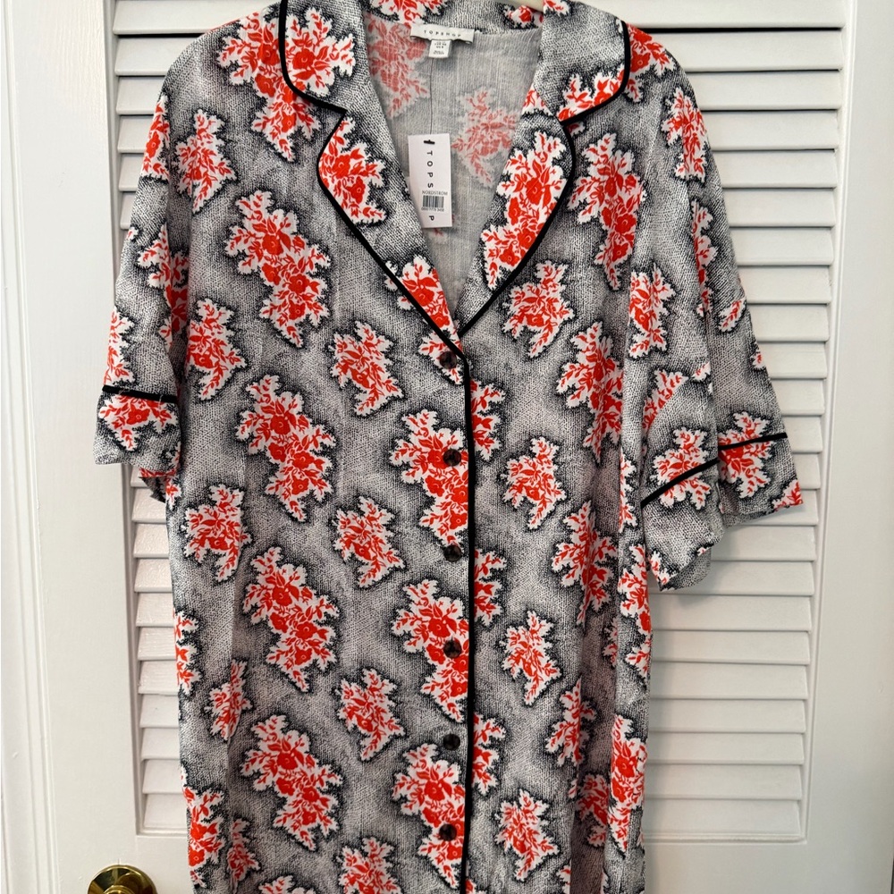 Topshop Black Button-Down Shirt Dress with Red Floral Print